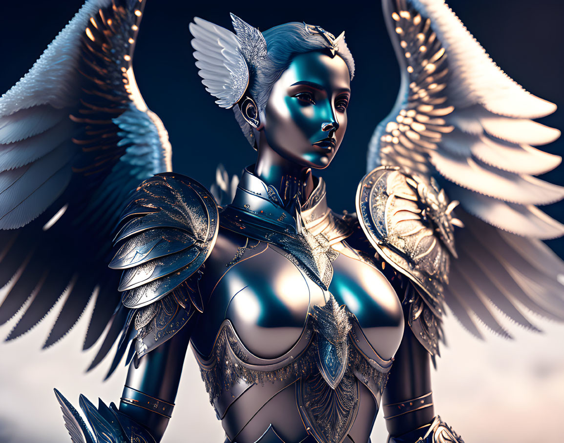 Metallic humanoid figure with majestic wings and ornate armor in dusky sky