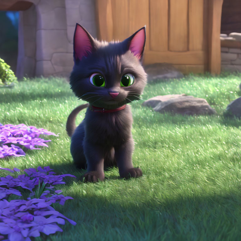 Gray animated kitten with green eyes in garden with purple flowers