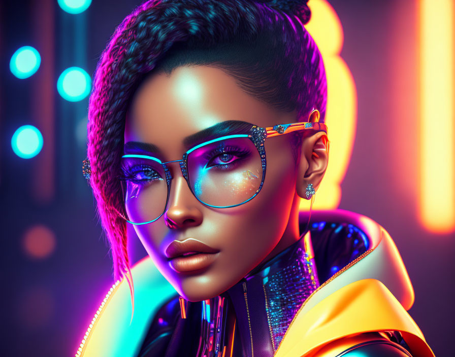 Vivid makeup woman with stylish glasses in neon-lit digital art