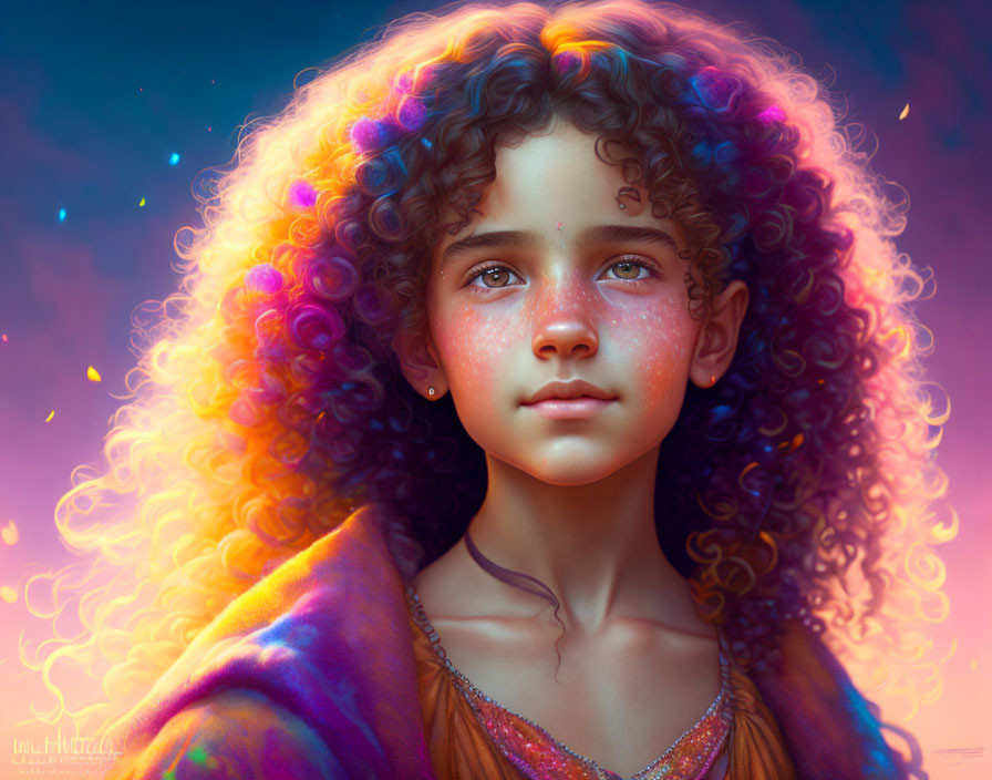 Colorful digital portrait of a girl with curly rainbow hair and sparkling freckles on a soft pink