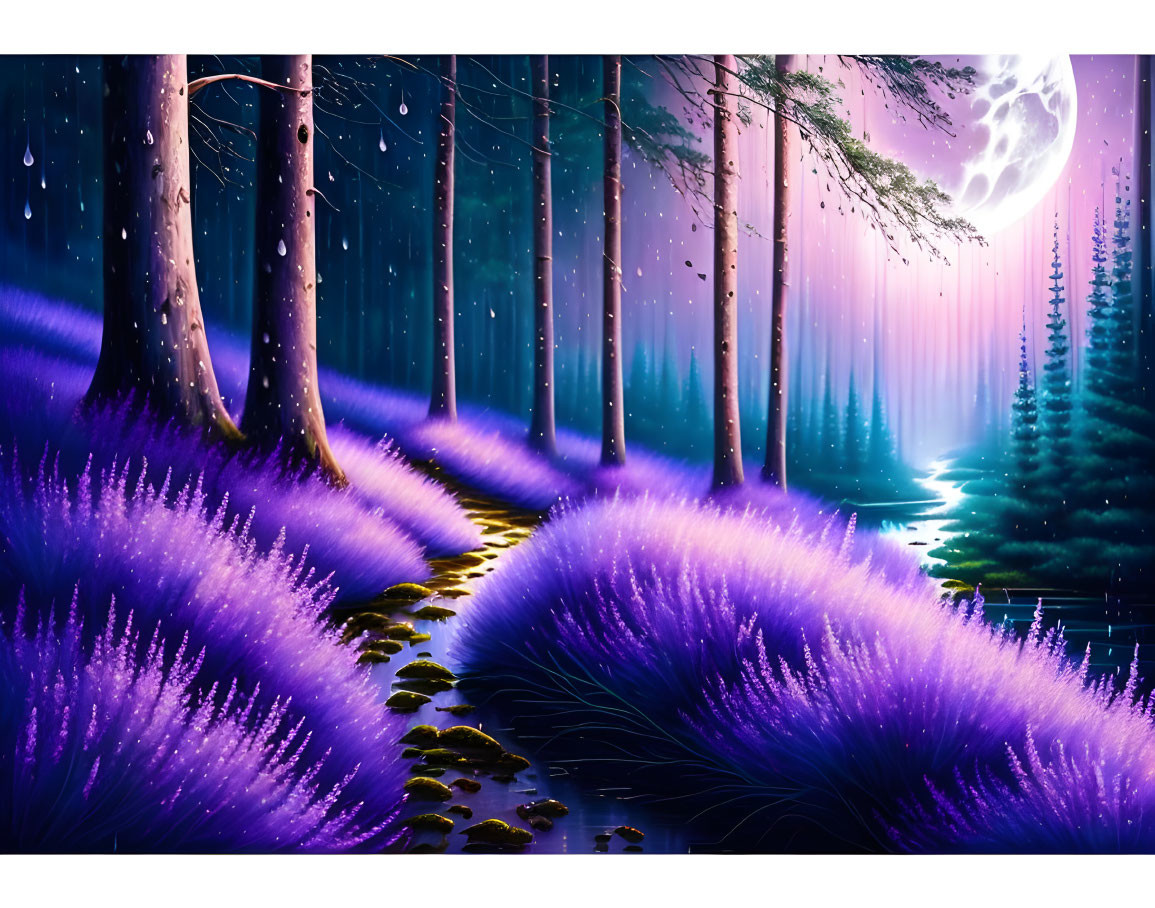 Enchanting night forest with purple grass, towering trees, glowing moon, and winding path