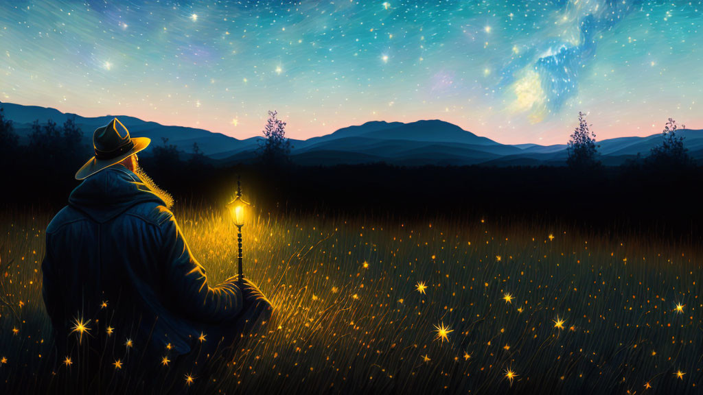 Person in hat holds lantern under starry sky with auroras in mystical field