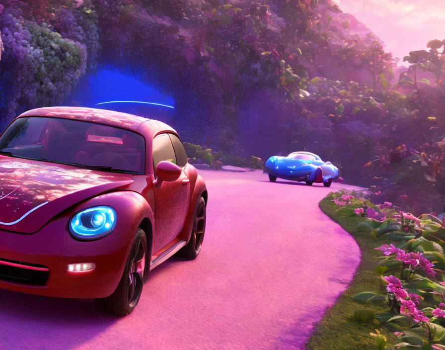 Vibrant magenta road with animated cars in whimsical setting