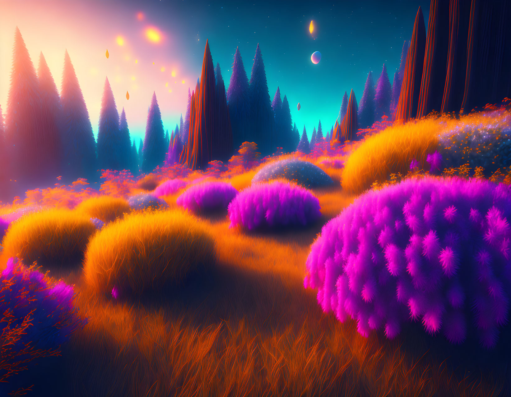 Fantasy Landscape with Glowing Flora, Moons, and Floating Islands