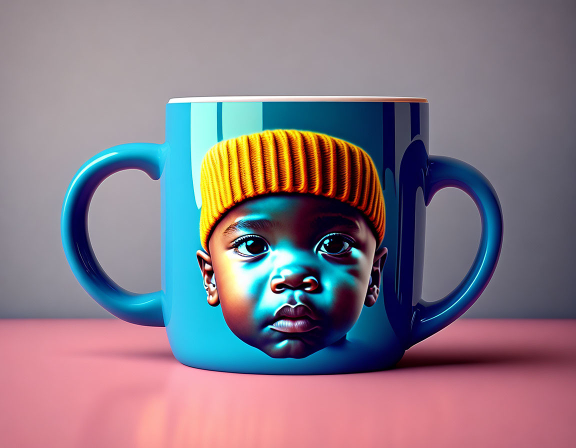 Blue Coffee Mug with Child in Orange Beanie Image on Pink Surface