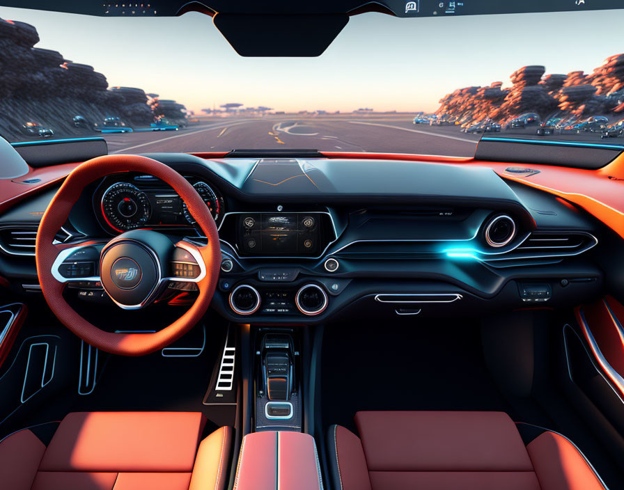 Futuristic car interior with red steering wheel and digital dashboard on road at dusk