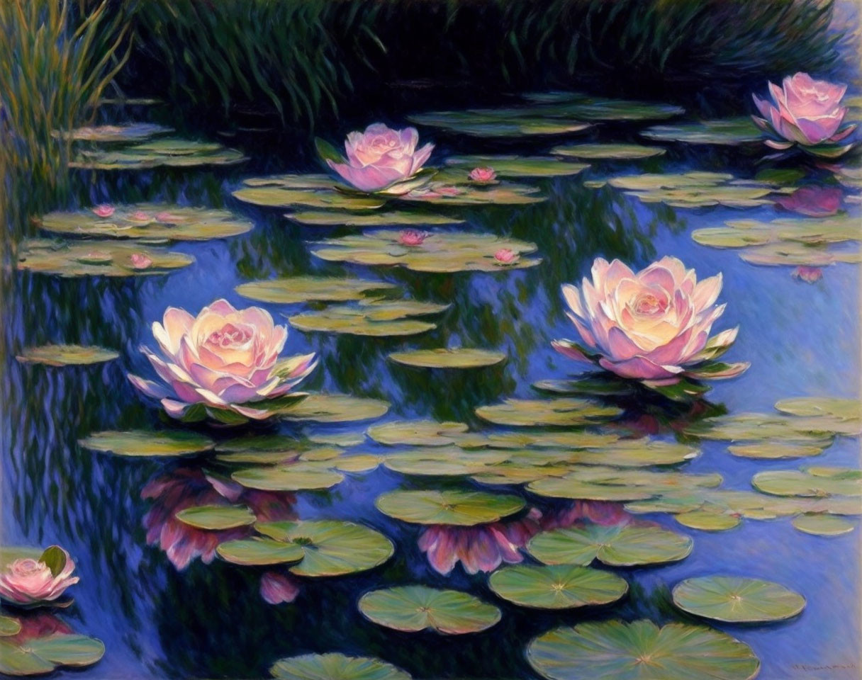 Impressionistic painting of water lilies on reflective pond