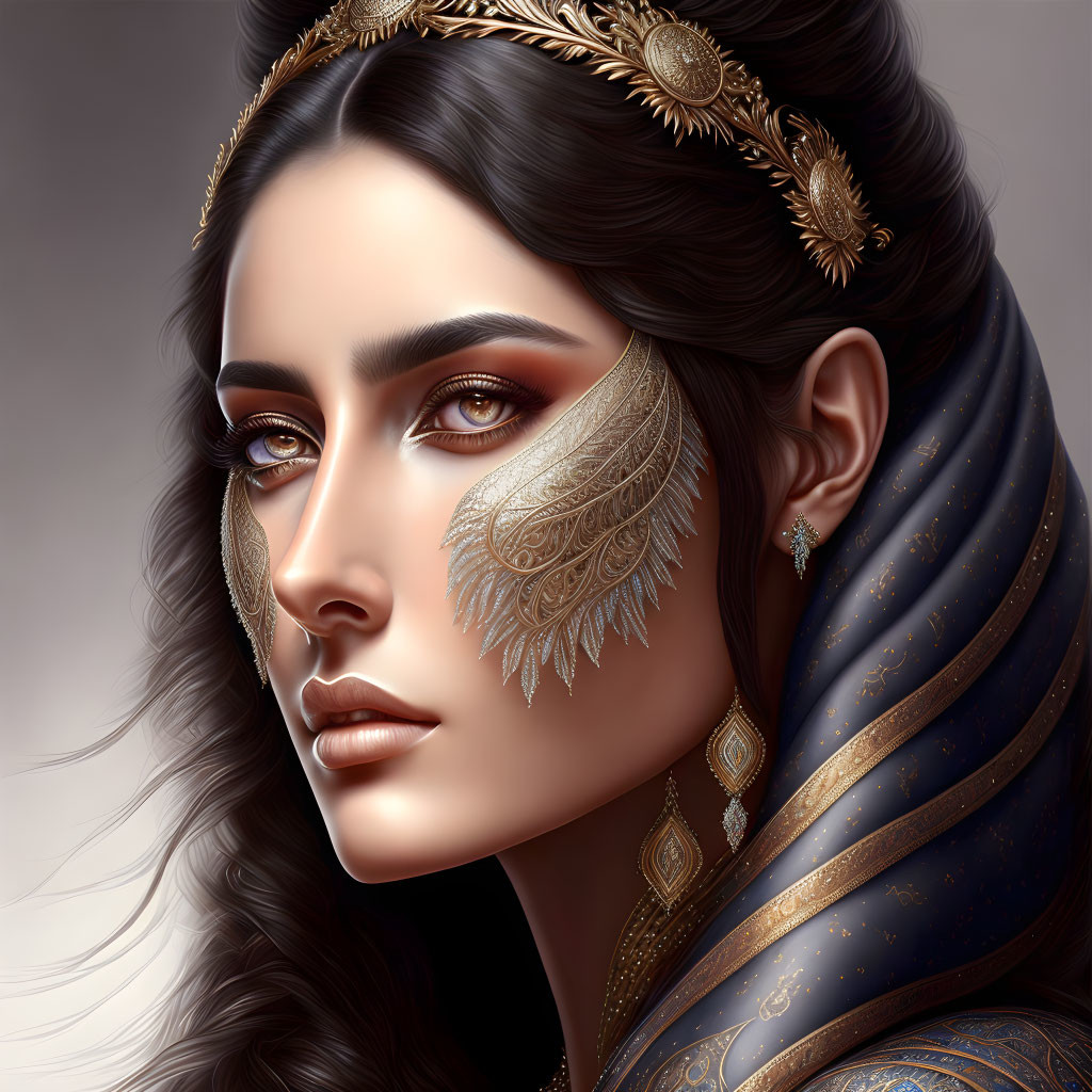 Illustrated portrait of woman with gold leaf makeup, headpiece, and blue shawl exuding elegance