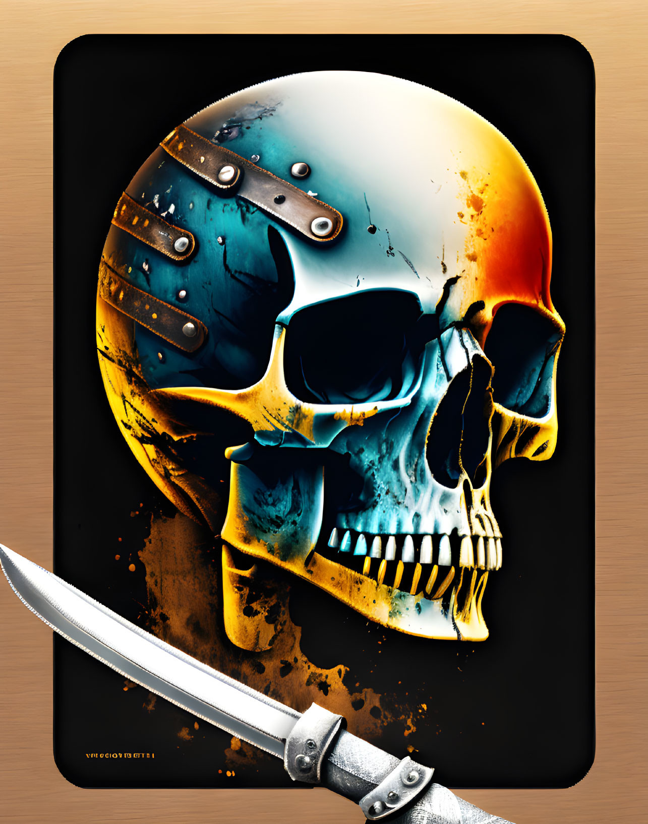 Colorful Skull with Helmet Details and Knife Blade on Black Background