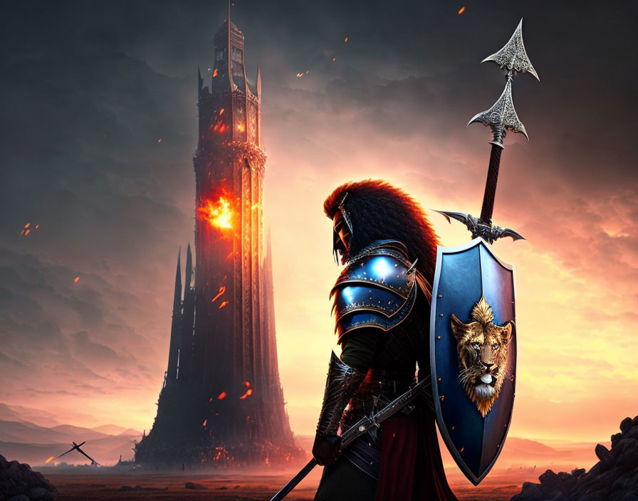 Armored warrior with lion shield and axe in front of fiery castle under dramatic sky