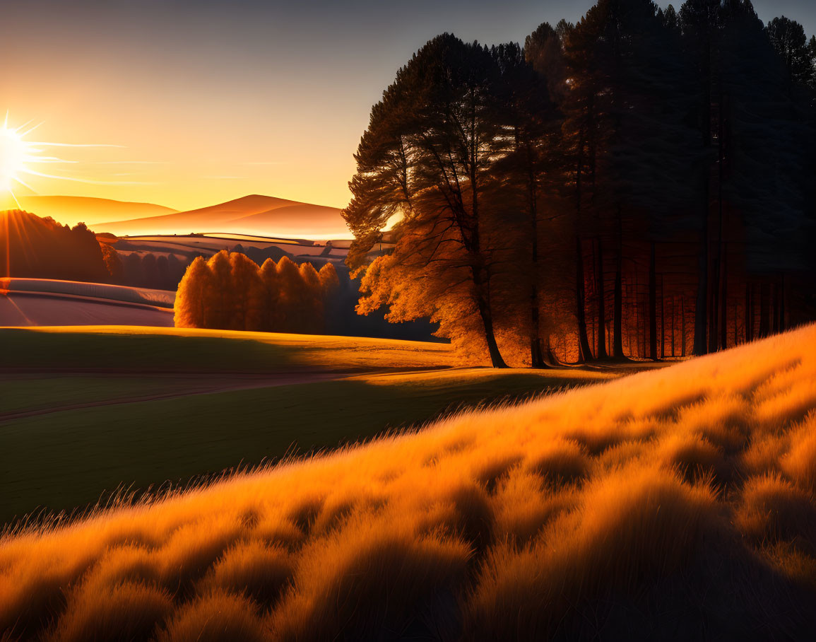 Tranquil sunset scene over textured field and trees.