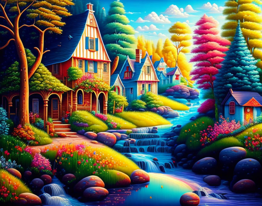 Colorful landscape with whimsical houses, river, and waterfalls surrounded by vibrant trees