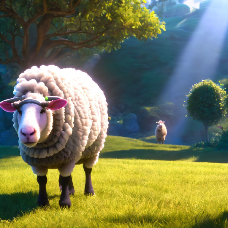 Plump sheep on green grass with sun rays and trees