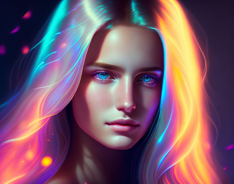 Vibrant digital portrait with multicolored hair and blue eyes