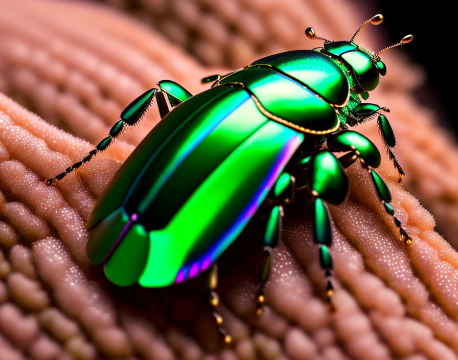 Iridescent Green Beetle with Long Antennae on Textured Surface