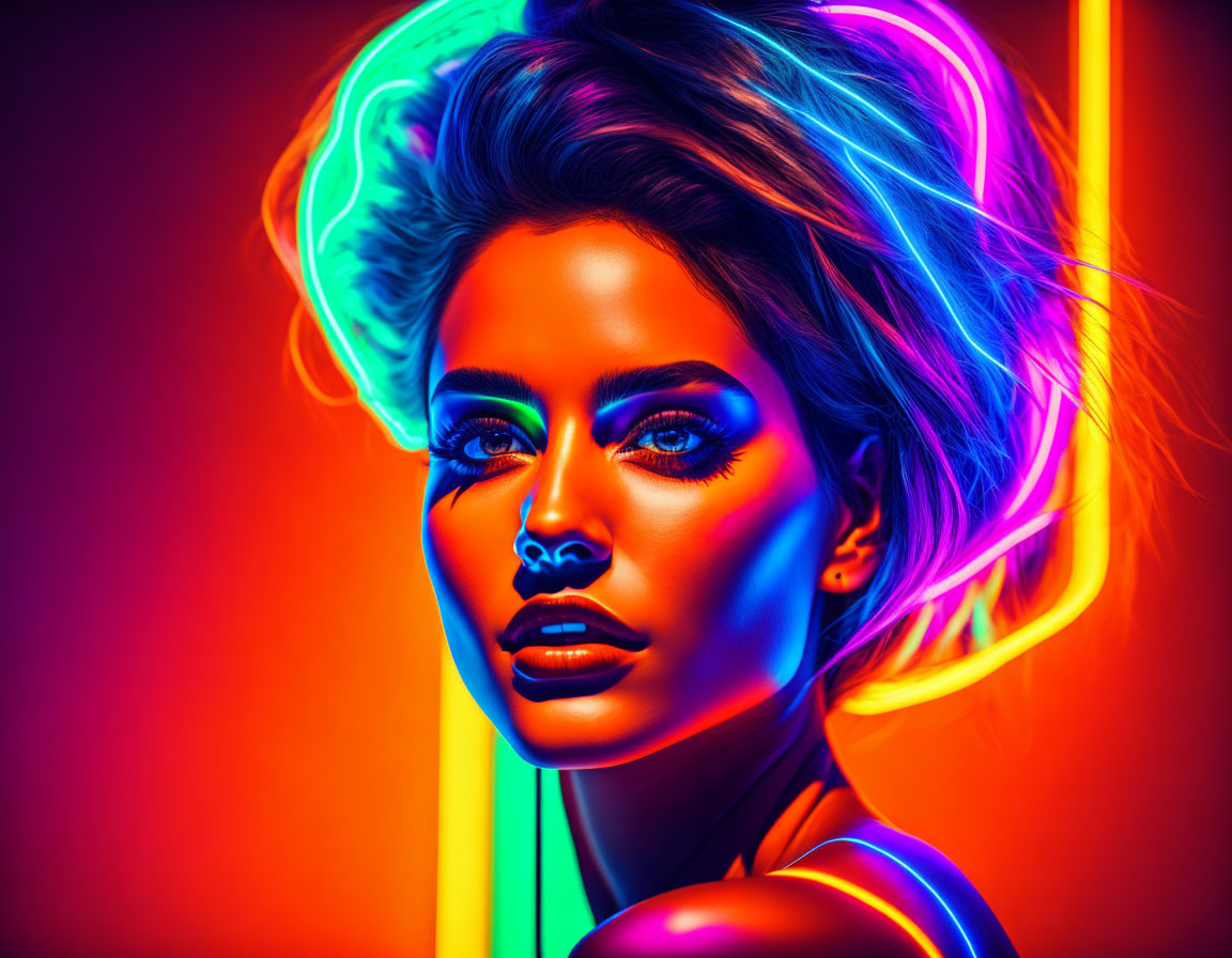 Colorful neon-lit portrait of a woman on red-orange backdrop