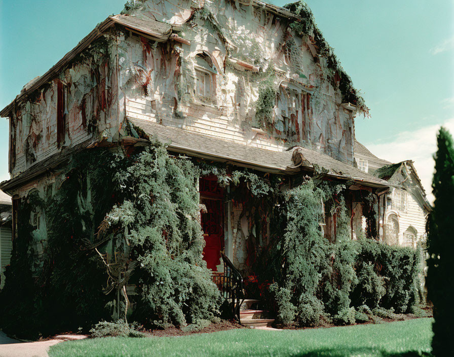 Weathered two-story house with peeling paint and ivy under blue sky