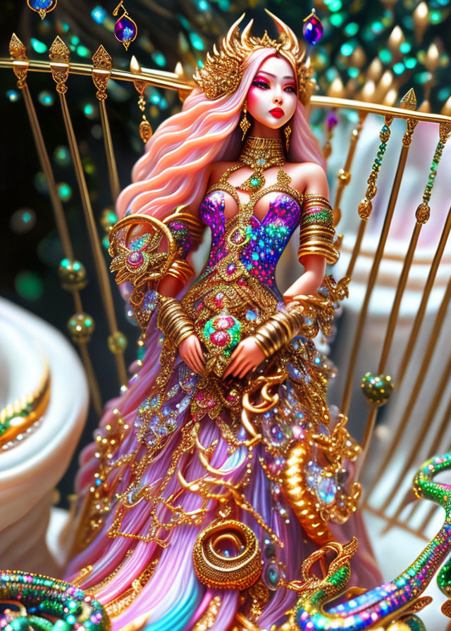 Pink-haired fantasy figure in ornate attire against bokeh backdrop