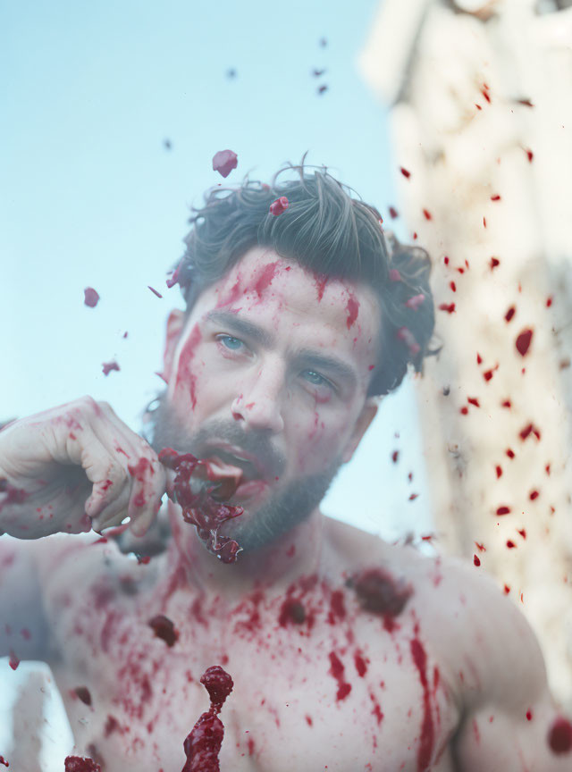 Intense stare with red liquid splatter on face and chest