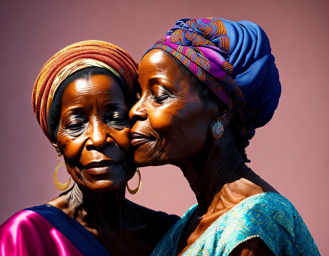 Two women in colorful headwraps smiling affectionately, touching foreheads