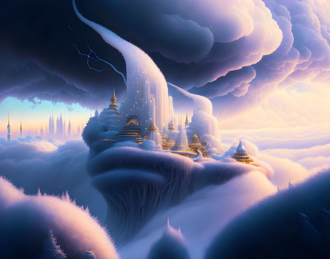 Fantasy landscape with illuminated castle-like structures on floating islands amidst clouds and waterfalls.