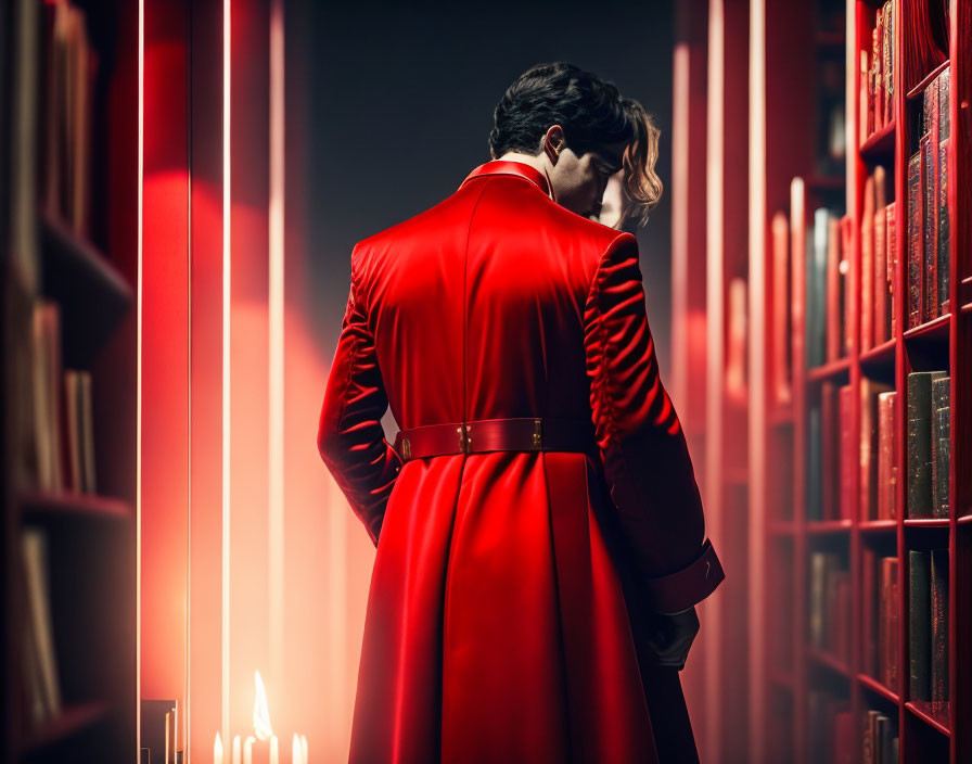 Stylish figure in red coat among tall bookshelves in warm lighting