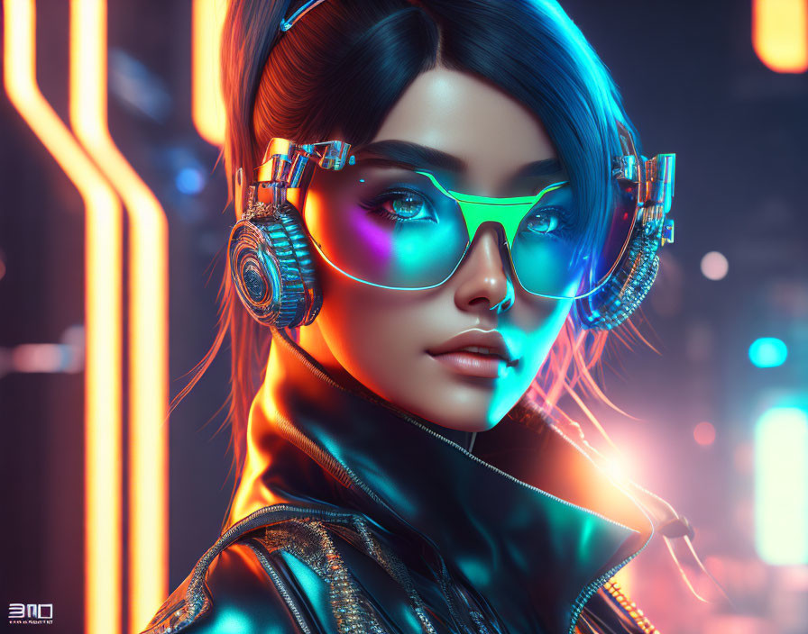 Futuristic digital artwork of woman with neon glasses & headphones