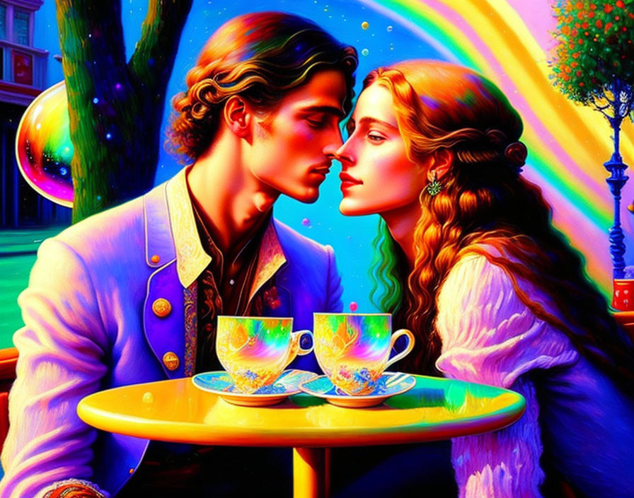 Colorful illustration of romantic couple about to kiss with teacups on table against psychedelic background