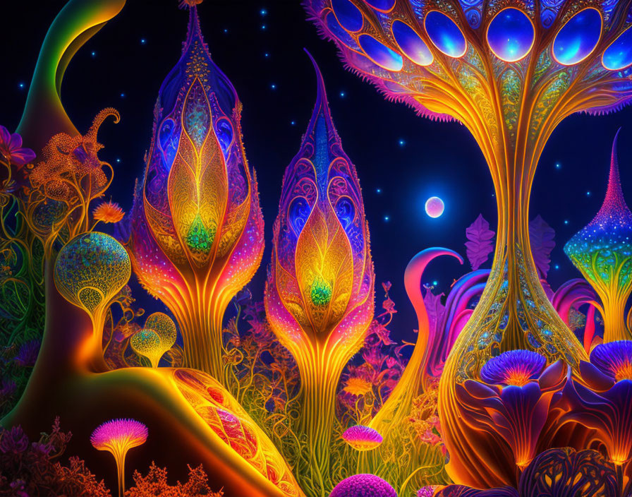 Colorful Psychedelic Tree Illustration Under Starry Night Sky