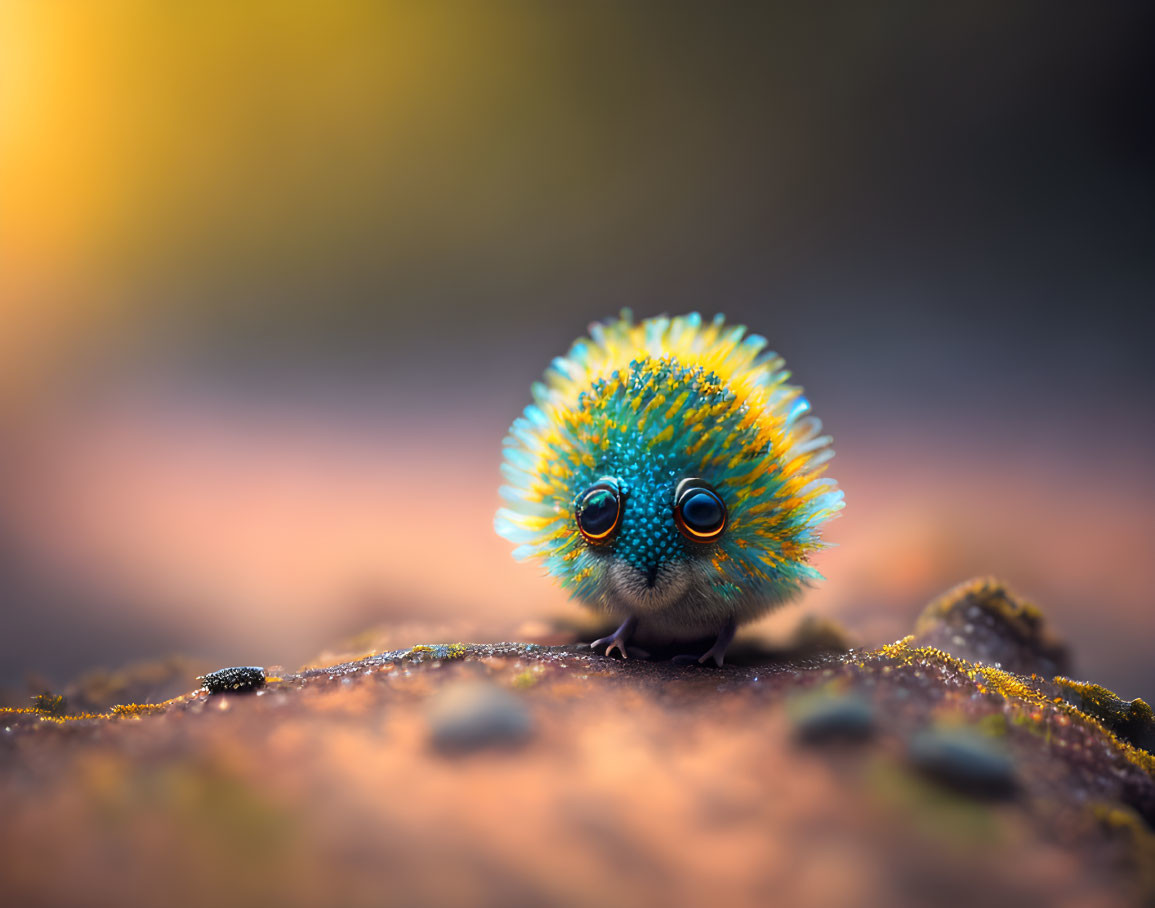 Fluffy Yellow and Blue Cartoonish Creature on Warm Textured Surface