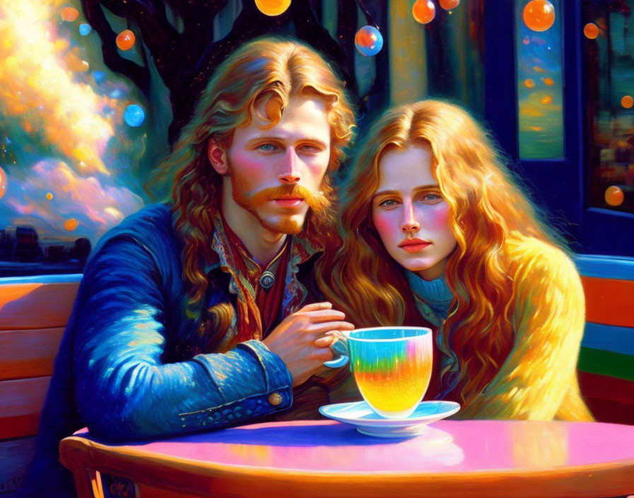 Vibrant digital artwork of man and woman at cafe table