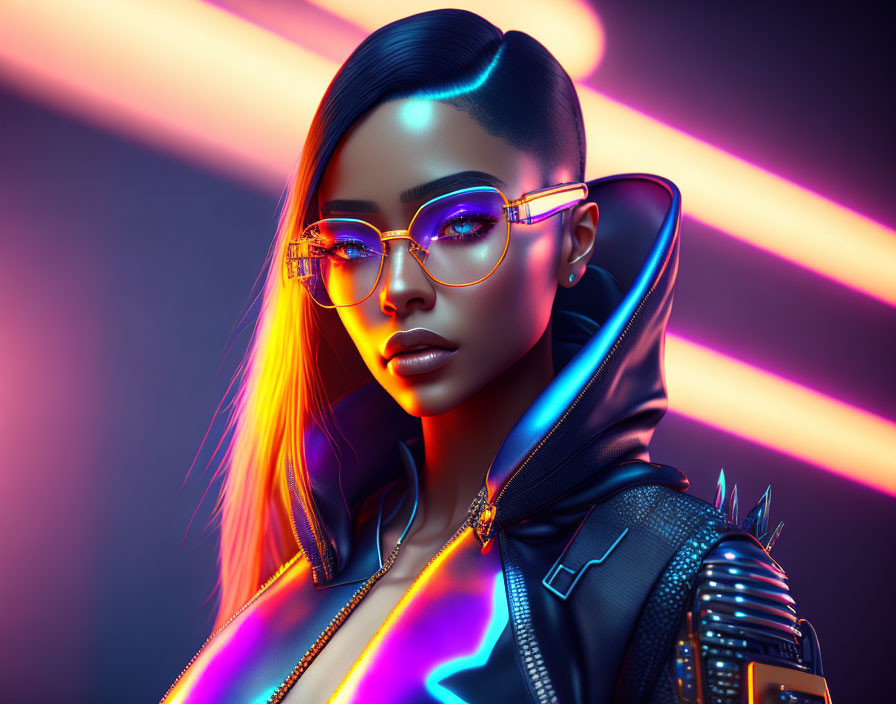 Digital portrait of woman with sleek hair, futuristic glasses, spiked jacket in neon lights