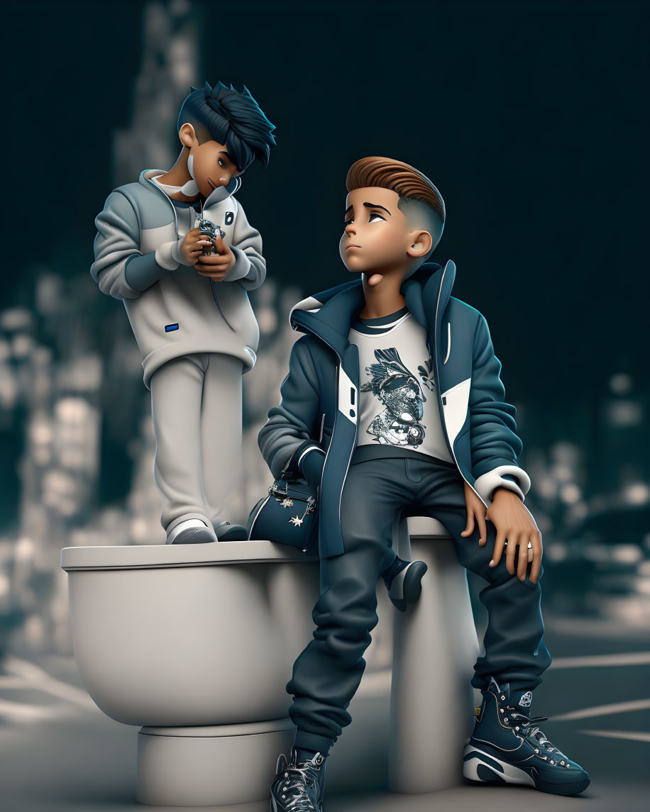 Stylized CG characters resembling teenagers in trendy outfits hanging out