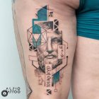 Three-dimensional geometric shapes and architectural elements tattoo with leaf background