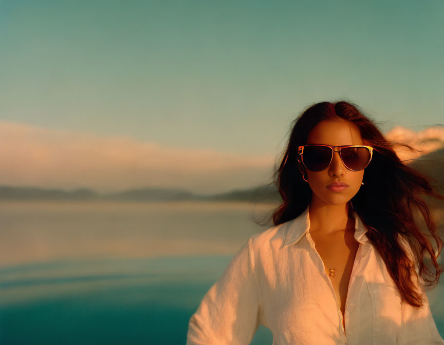 Woman in Sunglasses by Serene Lake at Sunset