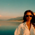 Woman in Sunglasses by Serene Lake at Sunset