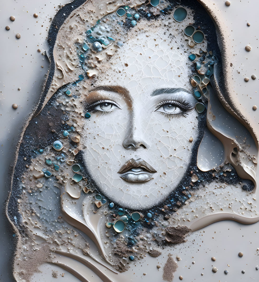 Cracked texture woman's face art in earthy tones and blue accents