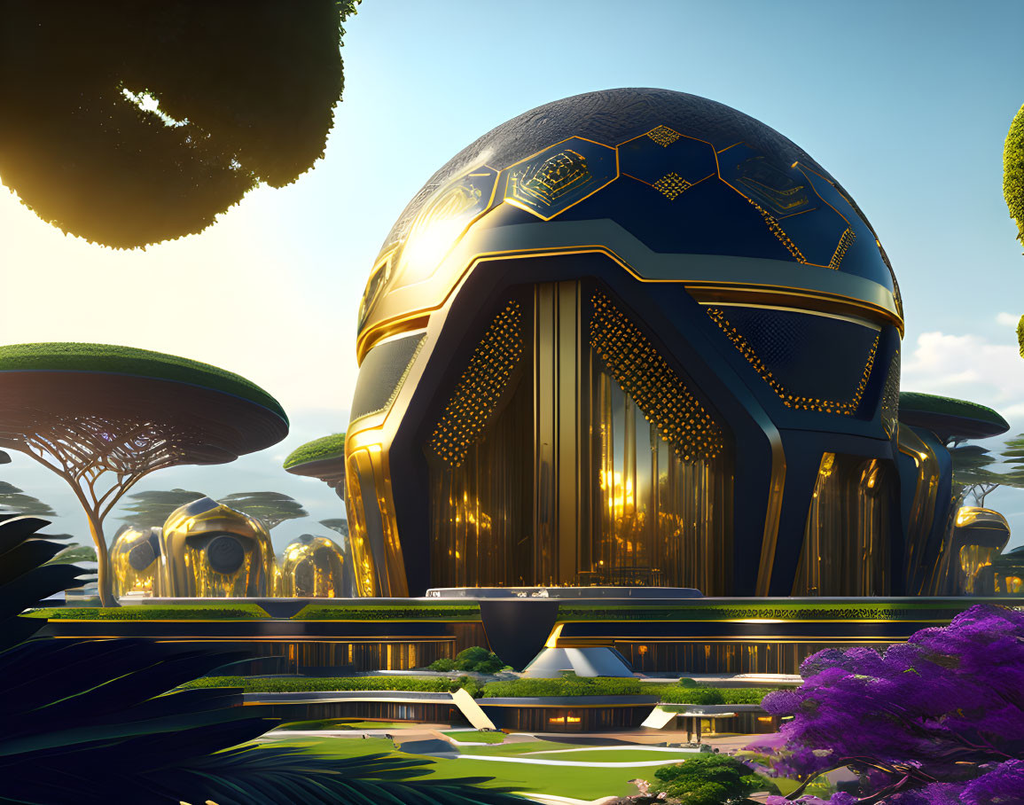 Futuristic golden and black dome with lush alien-like vegetation