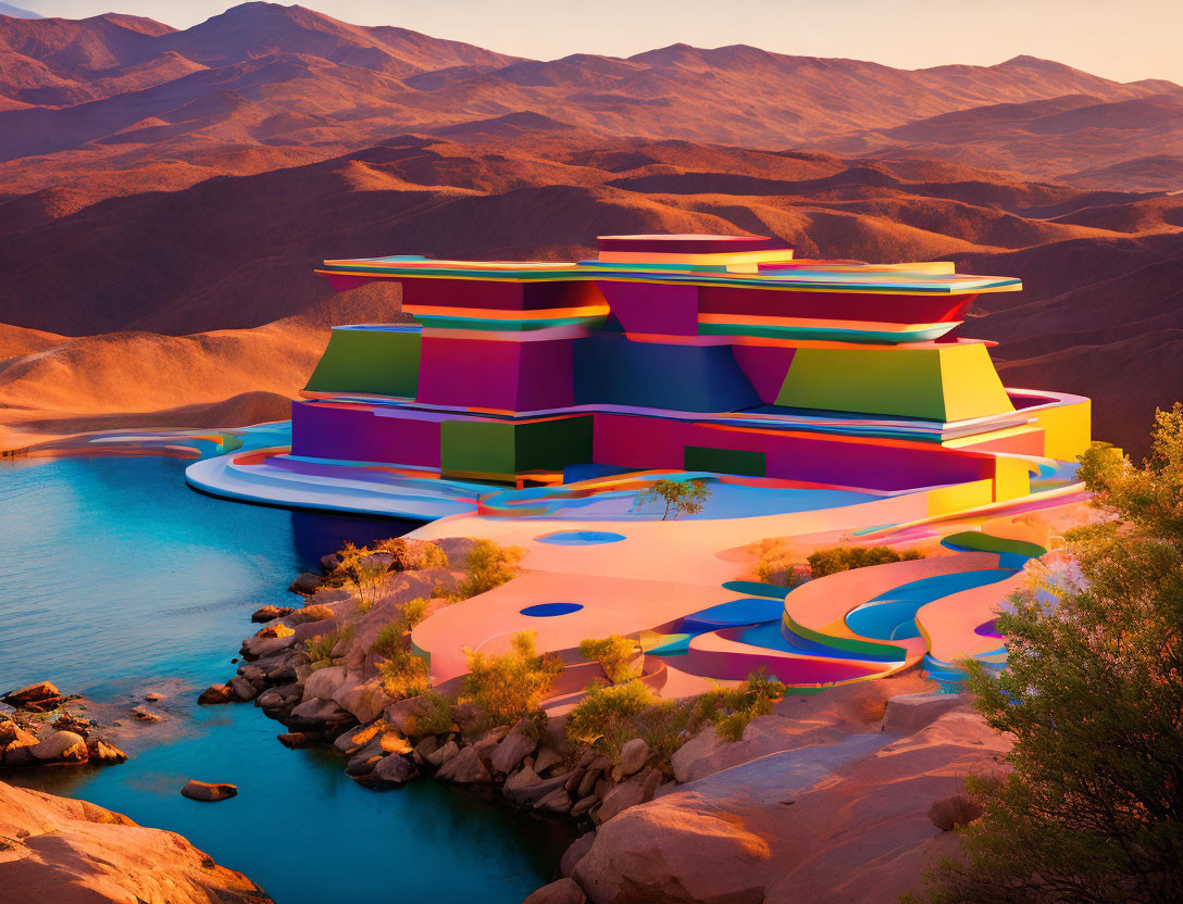 Modern colorful building with terraces by tranquil desert lake