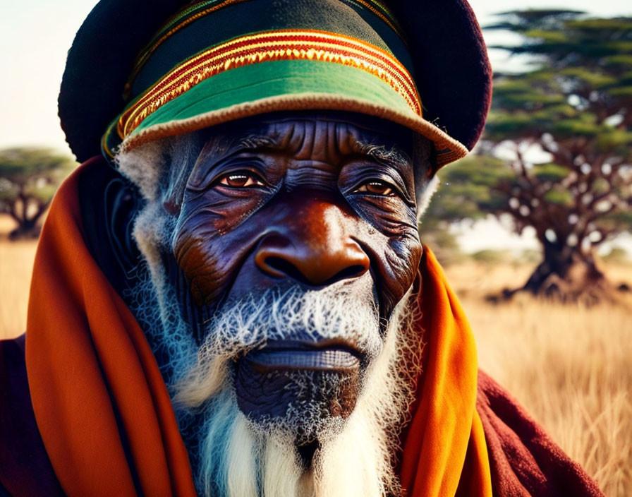 Elderly man in Rastafarian hat and shawl on savannah landscape