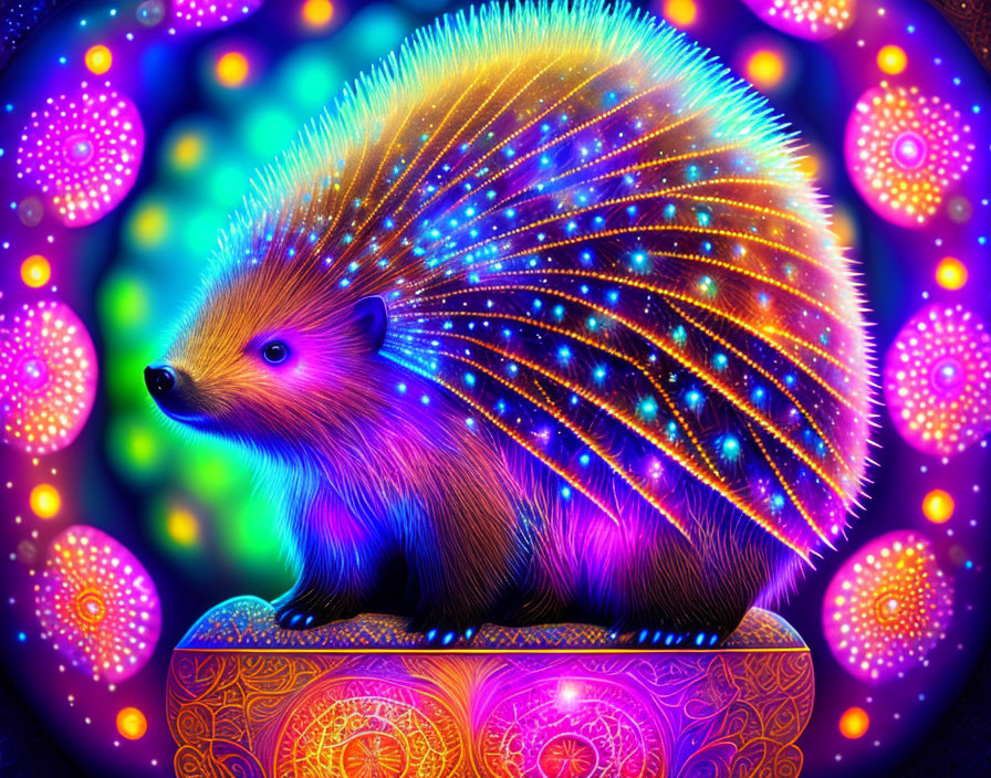 Colorful Neon-Lit Hedgehog on Psychedelic Background