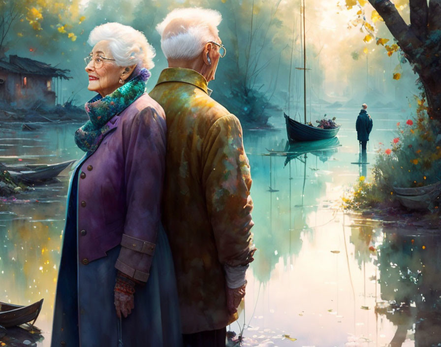 Elderly couple by serene river with man in boat in autumn scene