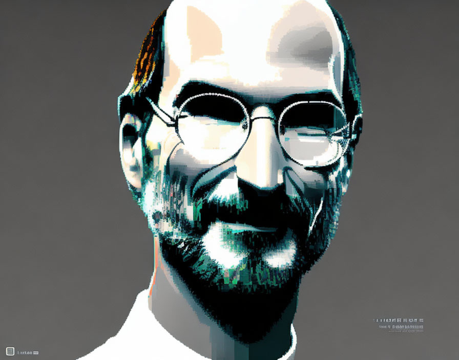 Abstract pixelated digital portrait of a man with beard and glasses in white shirt