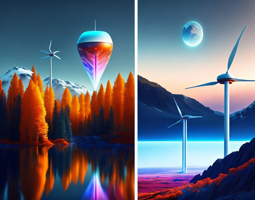 Split Image: Futuristic Spaceship over Autumn Forest & Wind Turbines under Night Sky