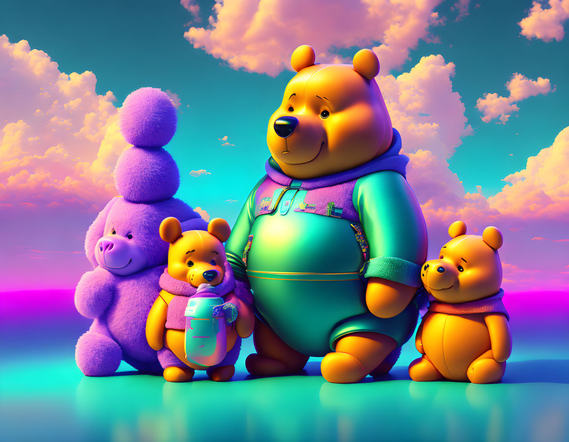 Four cartoonish bears of varying sizes in front of colorful sunset sky.