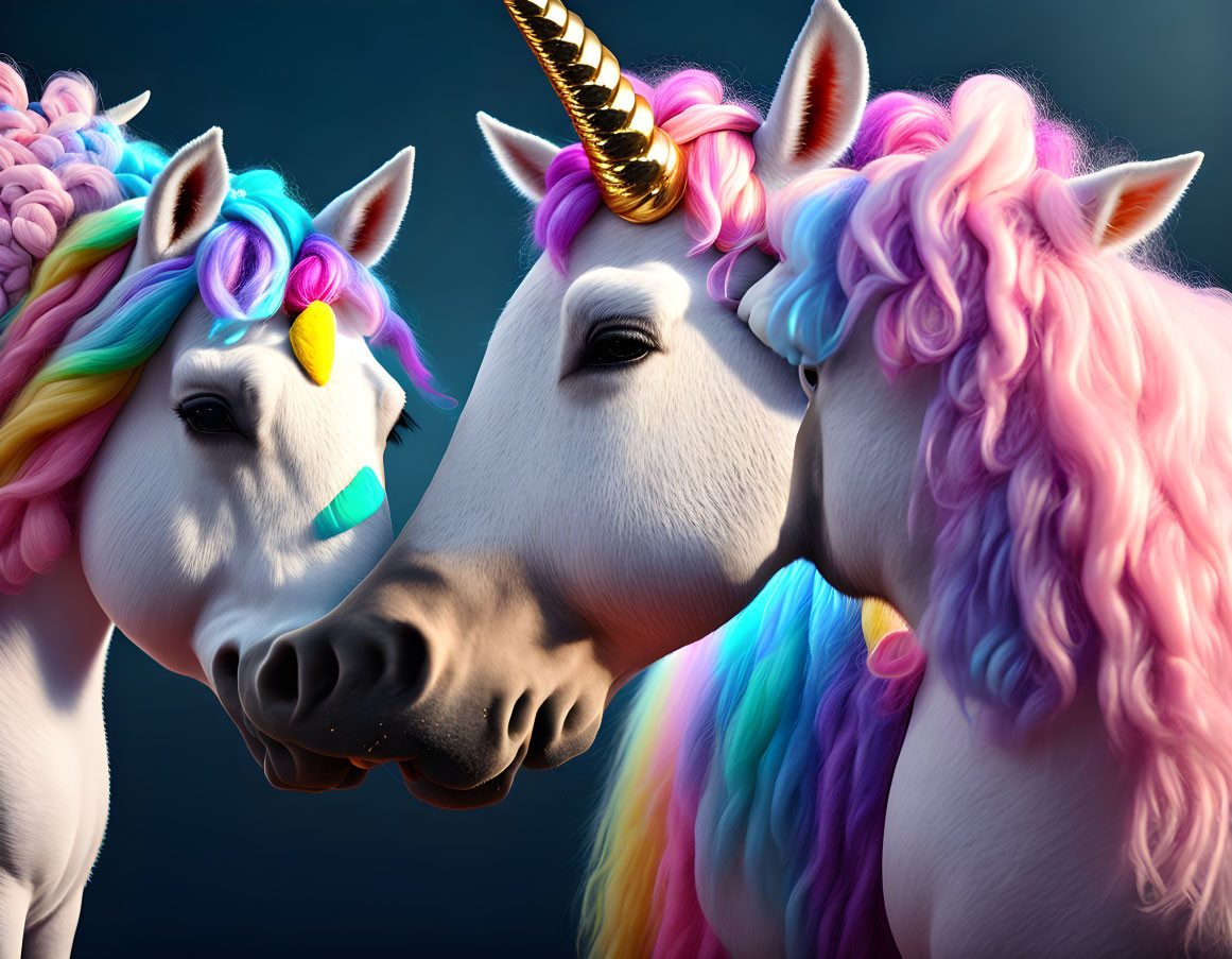 Colorful Unicorn Heads with Vibrant Manes on Dark Background