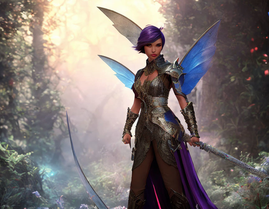 Fantasy digital artwork of a female warrior with purple hair and blue wings in enchanted forest