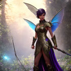 Fantasy digital artwork of a female warrior with purple hair and blue wings in enchanted forest
