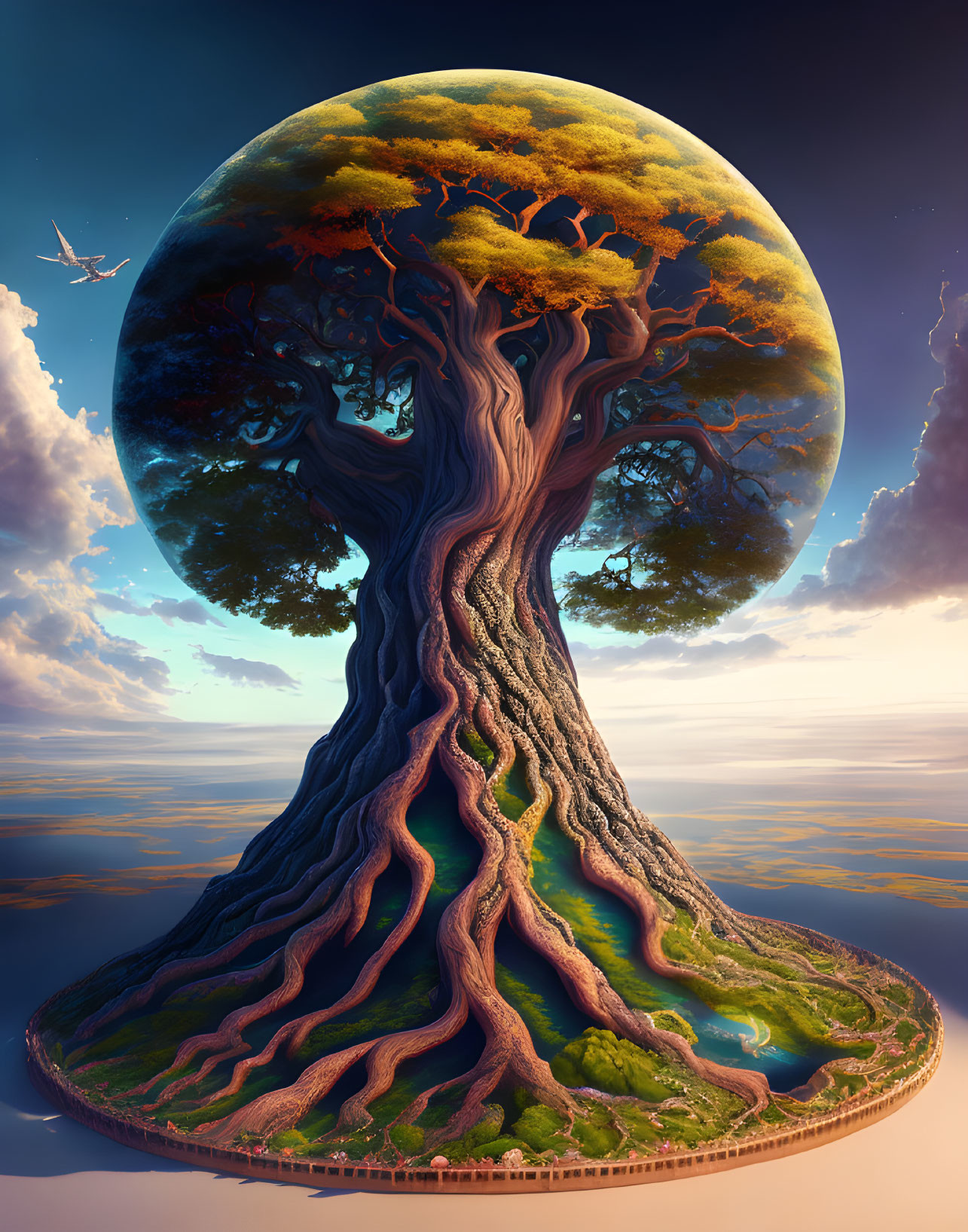 Majestic tree with sprawling roots and vibrant foliage on circular landmass under moonlit sky