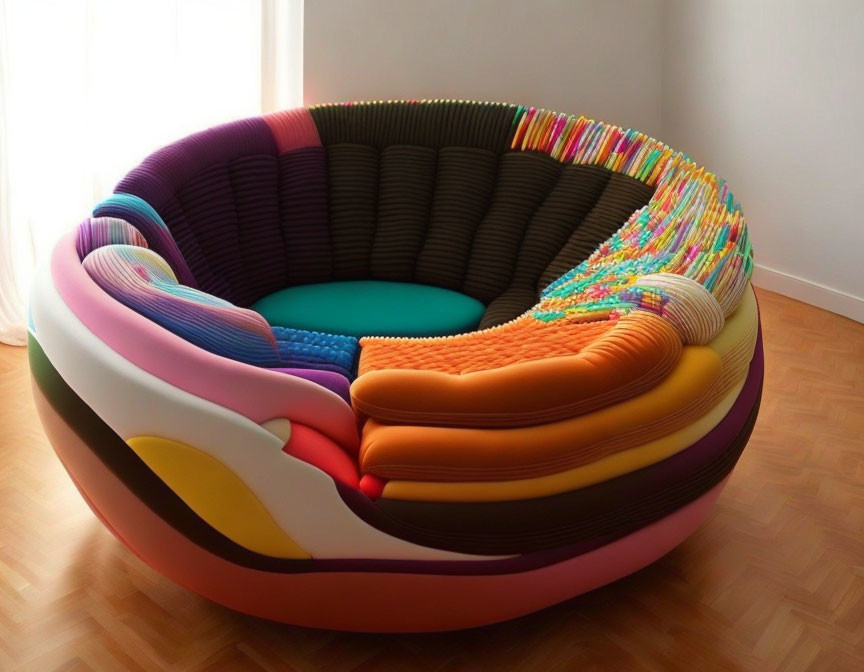 Colorful Layered Circular Couch with Intricate Design in Bright Room